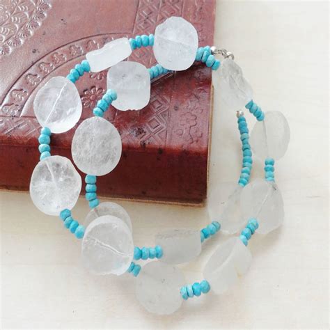 Frosted Rough Rock Crystal Quartz Turquoise Necklace By Prisha Jewels