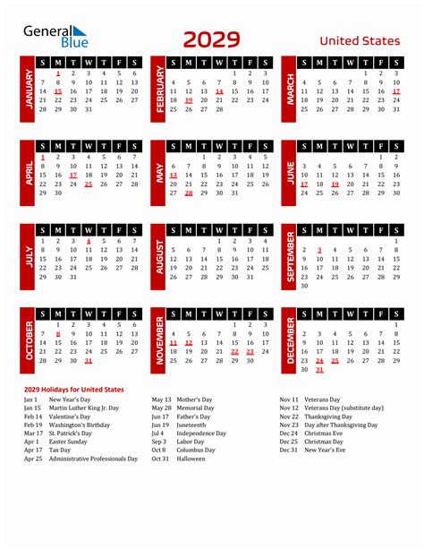 United States 2029 Yearly Calendar Downloadable