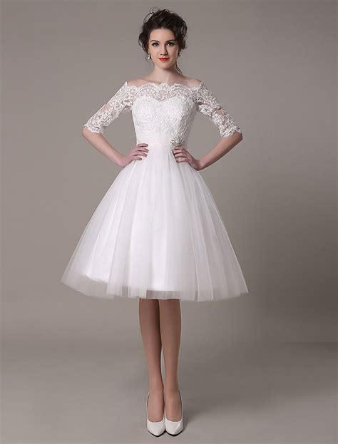 Lace Wedding Dresses Short Off The Shoulder A Line Knee Length Waist Rhinestone Bridal