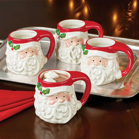 Cheerful Santa Claus Holiday Mugs With Hat Handle Set Of 4 Festive