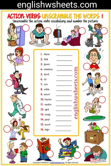Action Verbs Esl Printable Unscramble The Words Worksheets For Kids