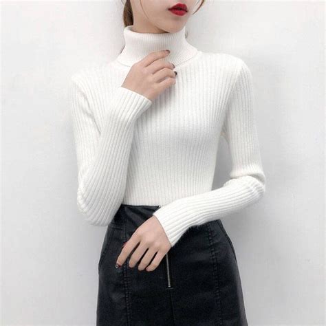 Women Stretch Sweaters Solid Color Turtleneck Soft Primer Warm Shirt Long Sleeves Korean Tight