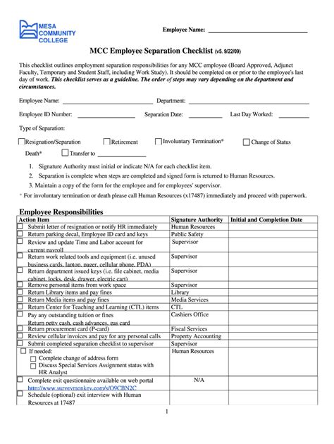 Fillable Online Mcc Employee Separation Checklist V5 Fax Email Print
