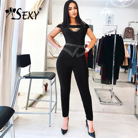 Gosexy Deep V Backless Solid Black Full Length Women Bodysuits Fashion Off Shoulder Rivet Women