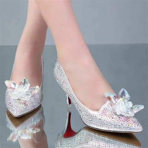 Cinderella Glass Slipper Pointed Heels Leather Diamond Wedding Shoes Red Bottom Women Pumps