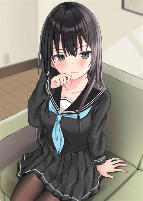 original highres 1girl black eyes black hair blue bow blush bow breasts cleavage couch