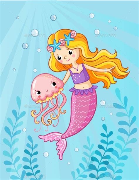 Hand Drawn Cute Mermaid With Jellyfish Cute Mermaid Mermaid Cartoon