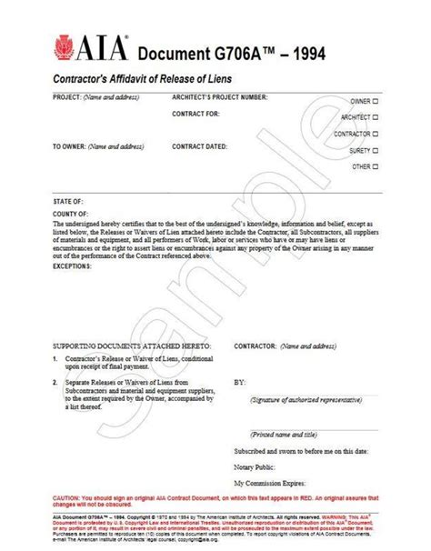 Aia document g— should not be used to change the contract sum or contract time. G706A-1994, Contractor's Affidavit of Release of Liens ...