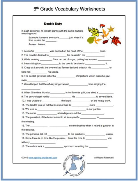 Sixth Grade Vocabulary Worksheet