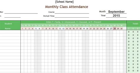 Monthly Class Attendance Template Hq Printable Documents