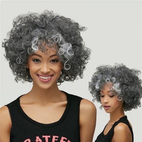 Gracefully Women S Short Afro Curly Grey Silver Synthetic Hair Wig Click On The