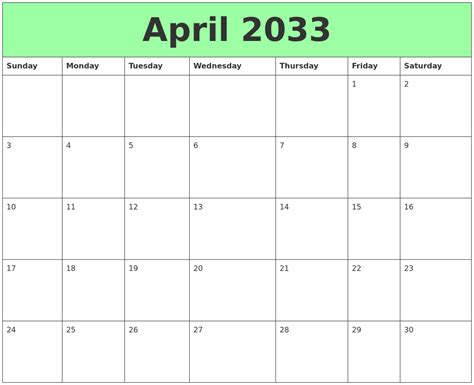 April 2033 Printable Calendars