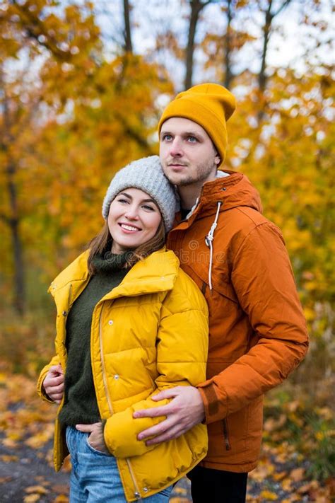 Cute Beautiful Couple In Love Posing Over Autumn Forest Background Stock Image Image Of
