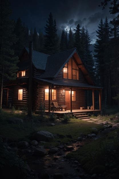 Premium Ai Image Night Forest Cabin