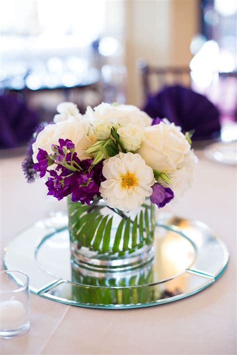 Purple And White Centerpieces With Roses And Zinnias White Rose