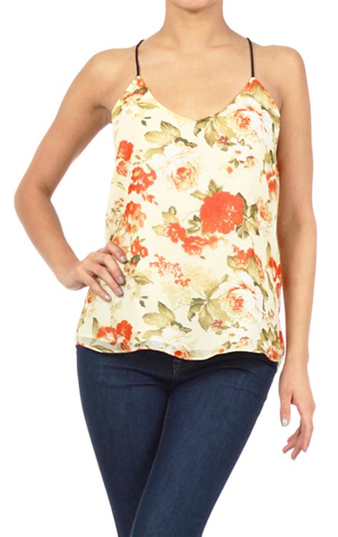 Womens Floral Criss Cross Spaghetti Strap Slouchy Open Back Camisole Cotton Kitty