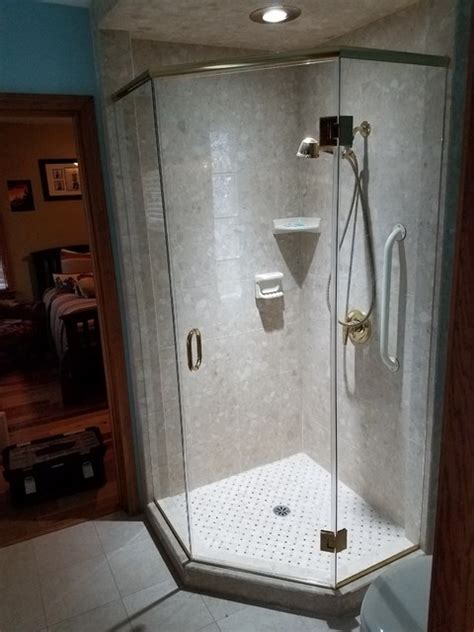 Neo Angle Corner Shower In Polished Brass Gold W Glass To Glass Hinges And Hea Bathroom