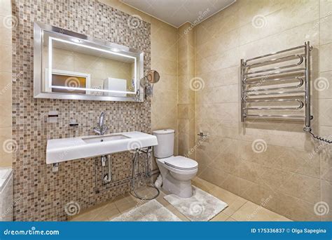 Spacious Neat Bathroom In Beige Tile Stock Image Image Of Interior