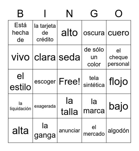 Realidades 2 Vocabulary 2b Bingo Card