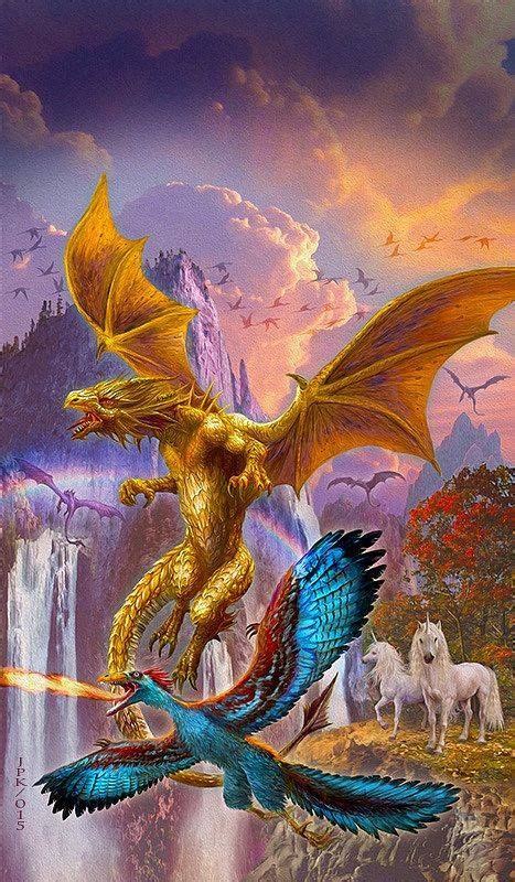 Unicorns Dragon And Blue Phoenix Fantasy Dragon Fantasy Creatures