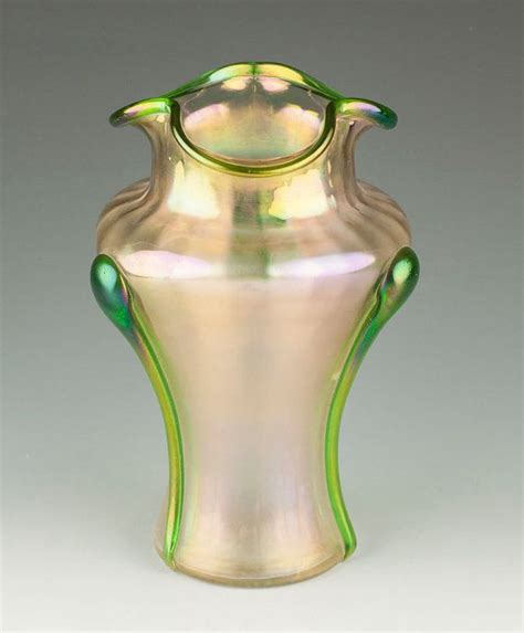 Ca 1900 Kralik Vase With Applied Green Tadpole Decoration Antique Bohemian Iridescent Satin