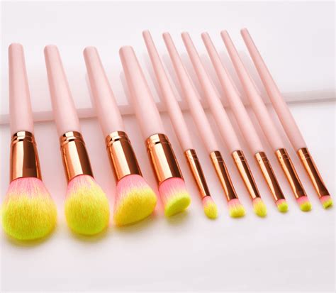 Glowii 10pcs Pink Makeup Brush Set With Yellow Pink Hair Colour Zone