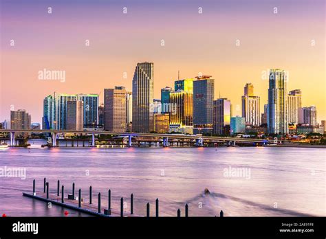 Miami Florida Usa Skyline On Bisayne Bay At Dusk Stock Photo Alamy