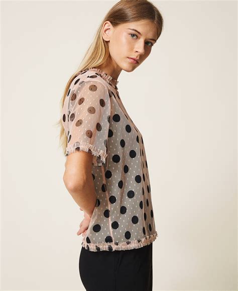 Plumetis Tulle Blouse With Polka Dots Woman Pink Twinset Milano
