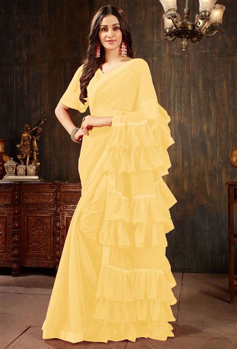 Yellow Georgette Designer Ruffle Saree Georgette Saree Party Wear