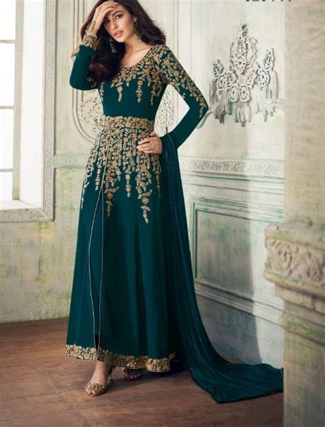 Beautiful Green Colored Partywear Embroidered Anarkali Suit Pakistani Dresses Party Pakistani