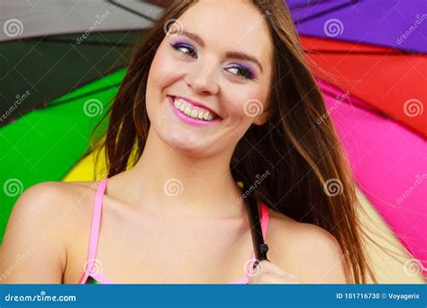 Woman Standing Under Colorful Rainbow Umbrella Stock Photo Image Of Rainbow Fashion