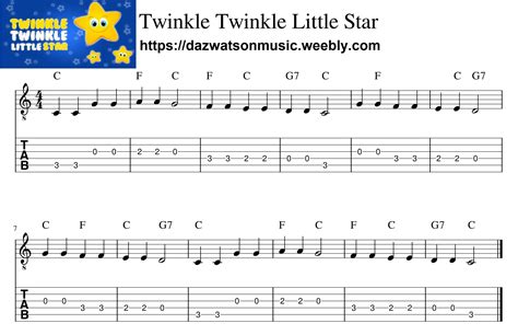 Twinkle Twinkle Little Star Easy Guitar Tab Sheet Music Guitar