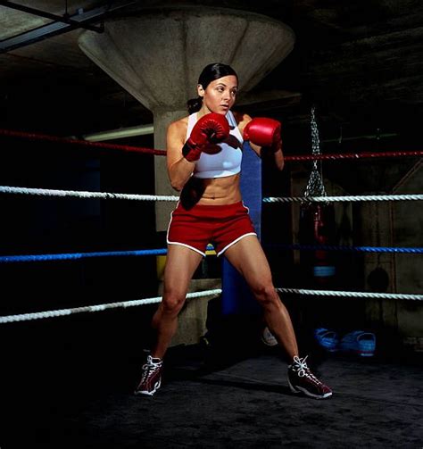 Young Female Boxer In Ring Gloves Raised Portrait Boxing Stance Female Boxers Women Boxing