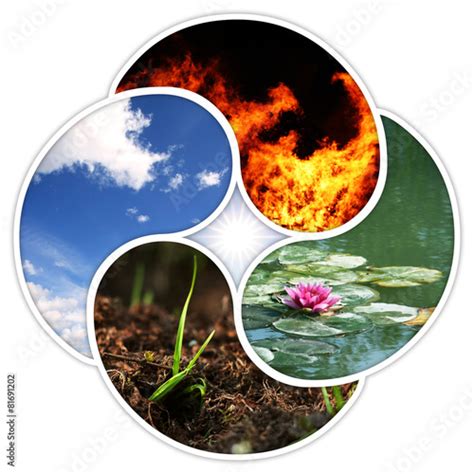Vier Elemente Feuer Wasser Erde Luft Im Yin Yang Design Photo