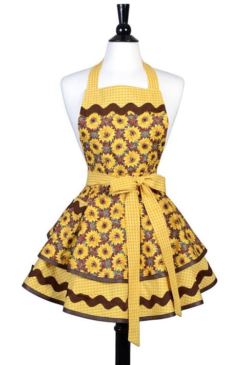 Womens Ruffled Retro Apron In Bright Yellow Sunflowers Fall Floral Aprons By Creative Chics