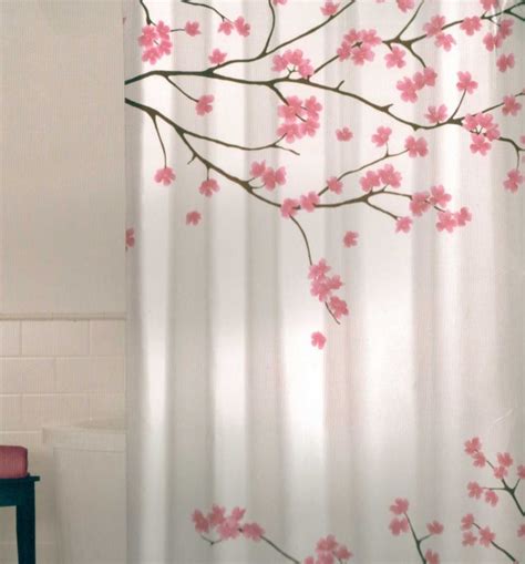 Floral Cherry Blossom Pink Brown White Quality Fabric Shower Curtain