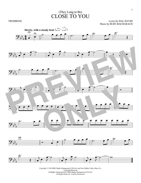 They Long To Be Close To You Sheet Music Carpenters Trombone Solo
