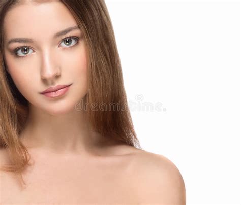 Beautiful Woman Face Close Up Portrait Young Studio On White Stock