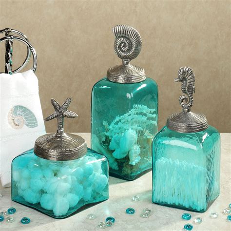 The beautiful and unmistakable veining of marble decorates this elegant bathroom. Sealife Glass Canister Set Aqua Set of Three | Turquoise ...