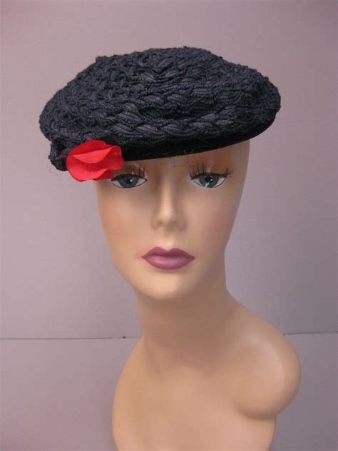 Vintage 40s Tilt Hat Navy Blue Straw Beret W Red Flow Gem