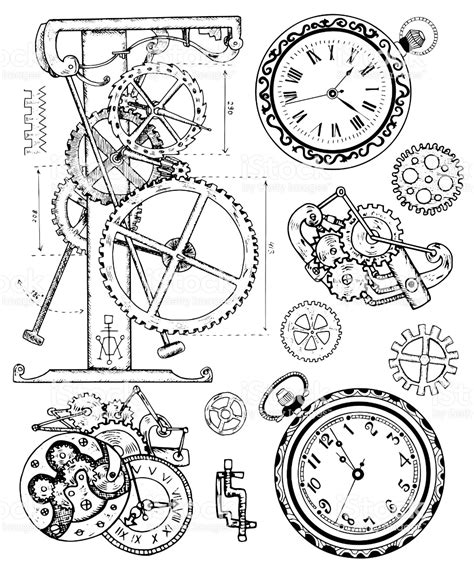 Graphic Set With Vintage Clock Mechanism In Steampunk Style Hand