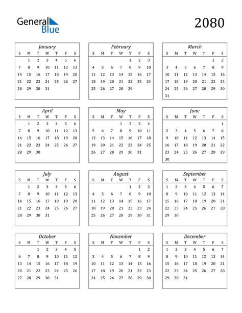 2080 Calendar Pdf Word Excel