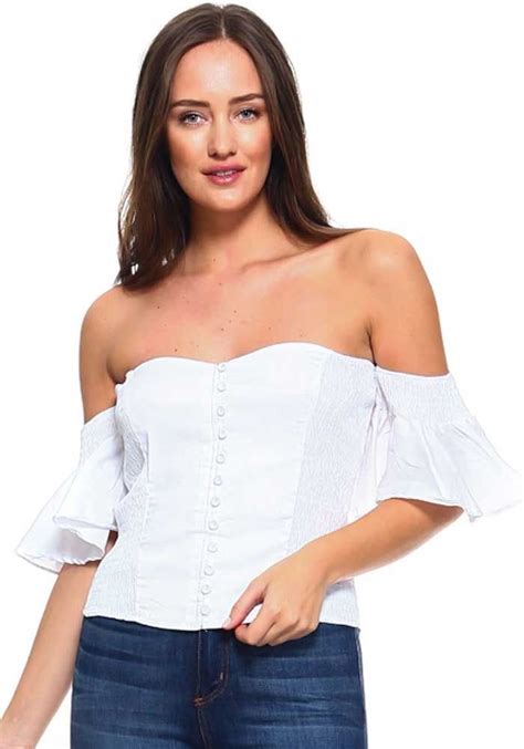 Women S Sexy Ruffled Strapless Corset Style Smocked Top With Faux Button Up White Color
