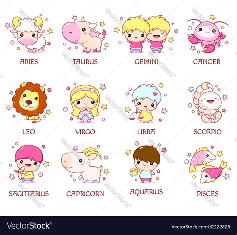 Set Zodiac Sign Characters In Kawaii Style Vector Image
