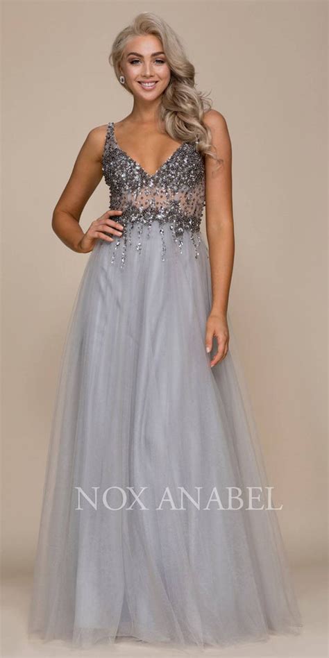 V Neckline Illusion Embellished Bodice A Line Long Prom Dress Silver Discountdressshop