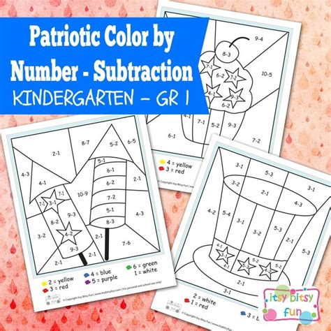 4th of july preschool activities. 4th of July Color by Number Subtraction Kindergarten Worksheets - itsybitsyfun.com
