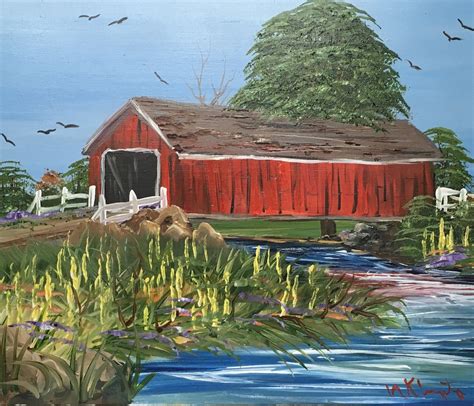 Covered Bridge Oil Painting By Norm Possum County Folk Art Gallery