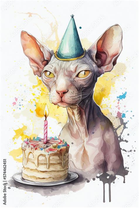 Sphynx Cat With Birthday Cake Happy Birthday Concept Watercolor Ai