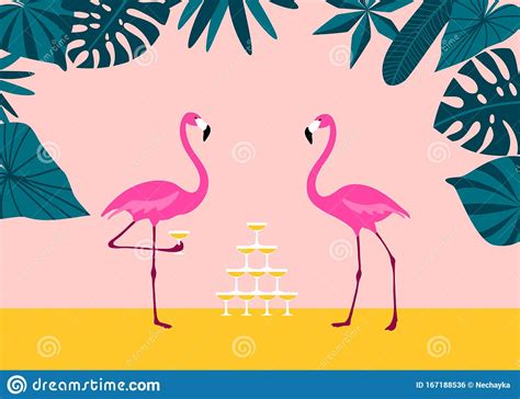 Pink Flamingo Drinking Margarita From Champagne Tower On Tropical Beach