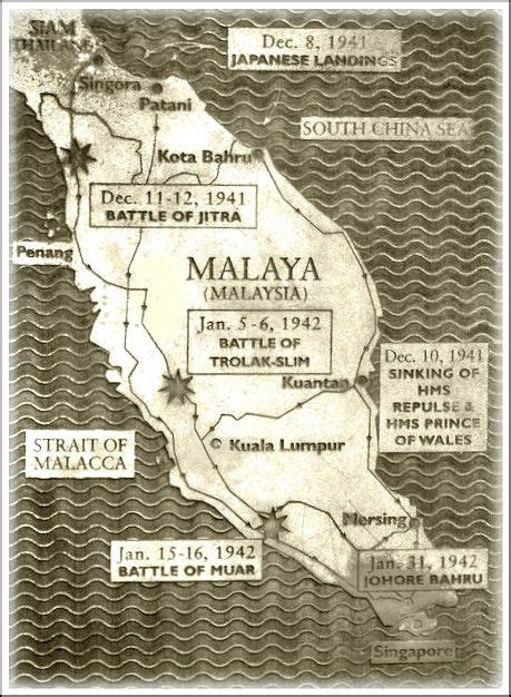 By using local spies who were working in malaya, such as barbers and carpenters, they had gathered information on the defence of malaya such as defence positions. Old Map showing Japanese Invasion - the date and battles ...